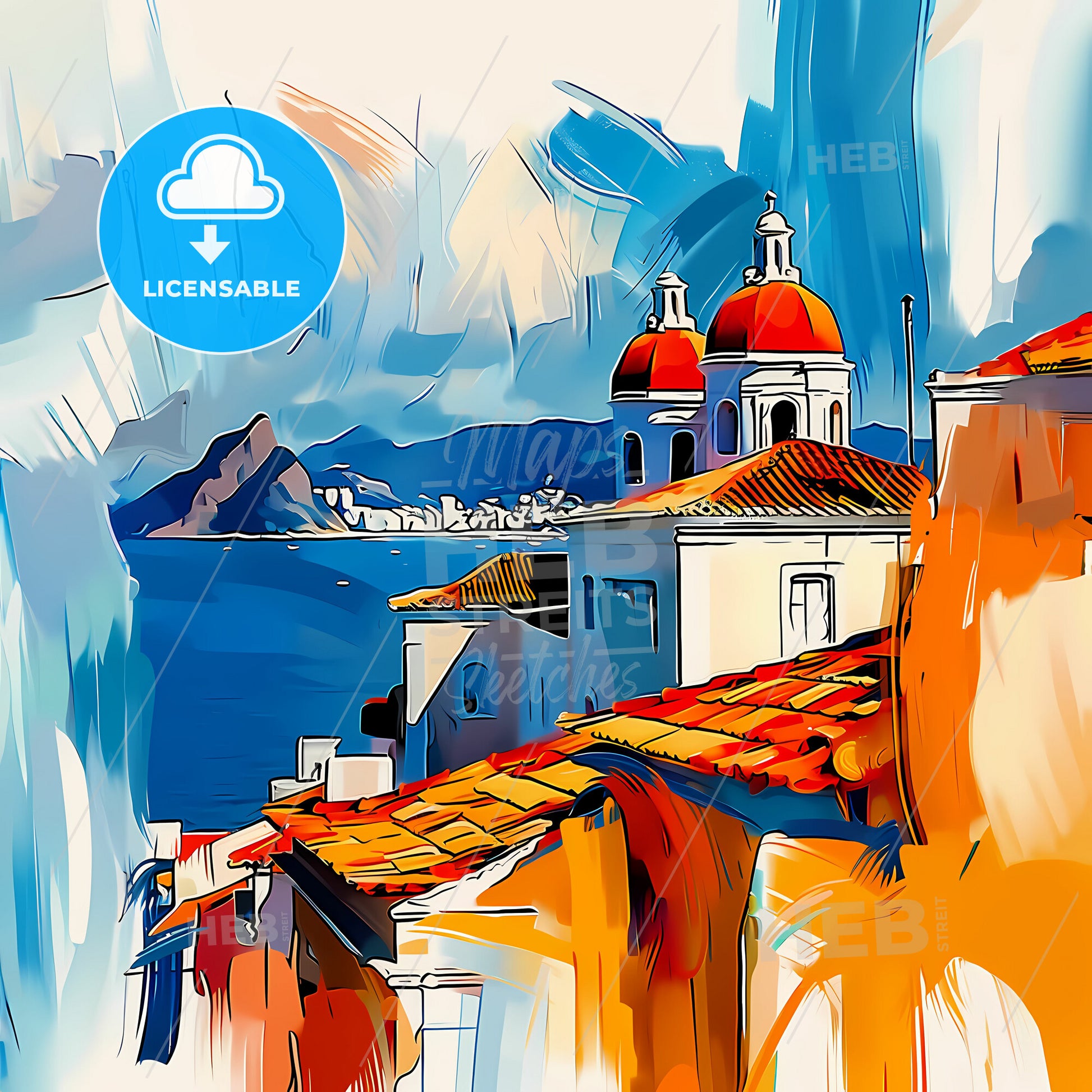 Vibrant Niteroi, Brazil - A Painting Of A Building With A Red Roof And A Blue Sky