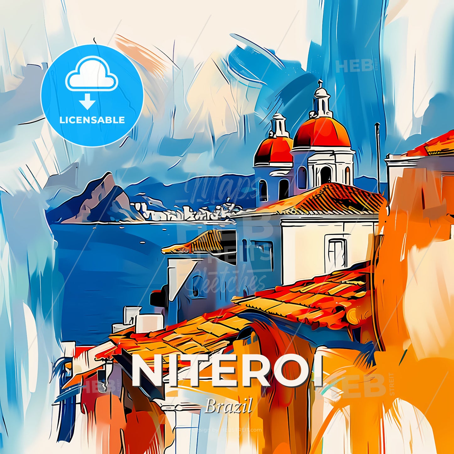 Vibrant Niteroi, Brazil - A Painting Of A Building With A Red Roof And A Blue Sky - Square format print template