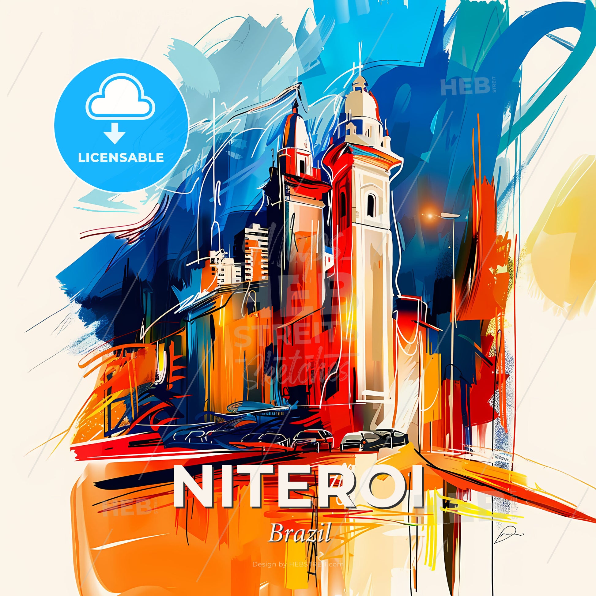 Vibrant Niteroi, Brazil - A Painting Of A Building With Towers And Cars - Square format print template