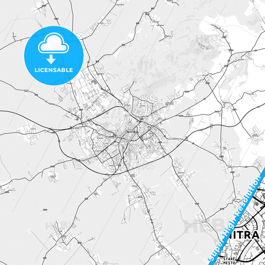 Nitra, Slovakia light map with streetnames, citynames and districts