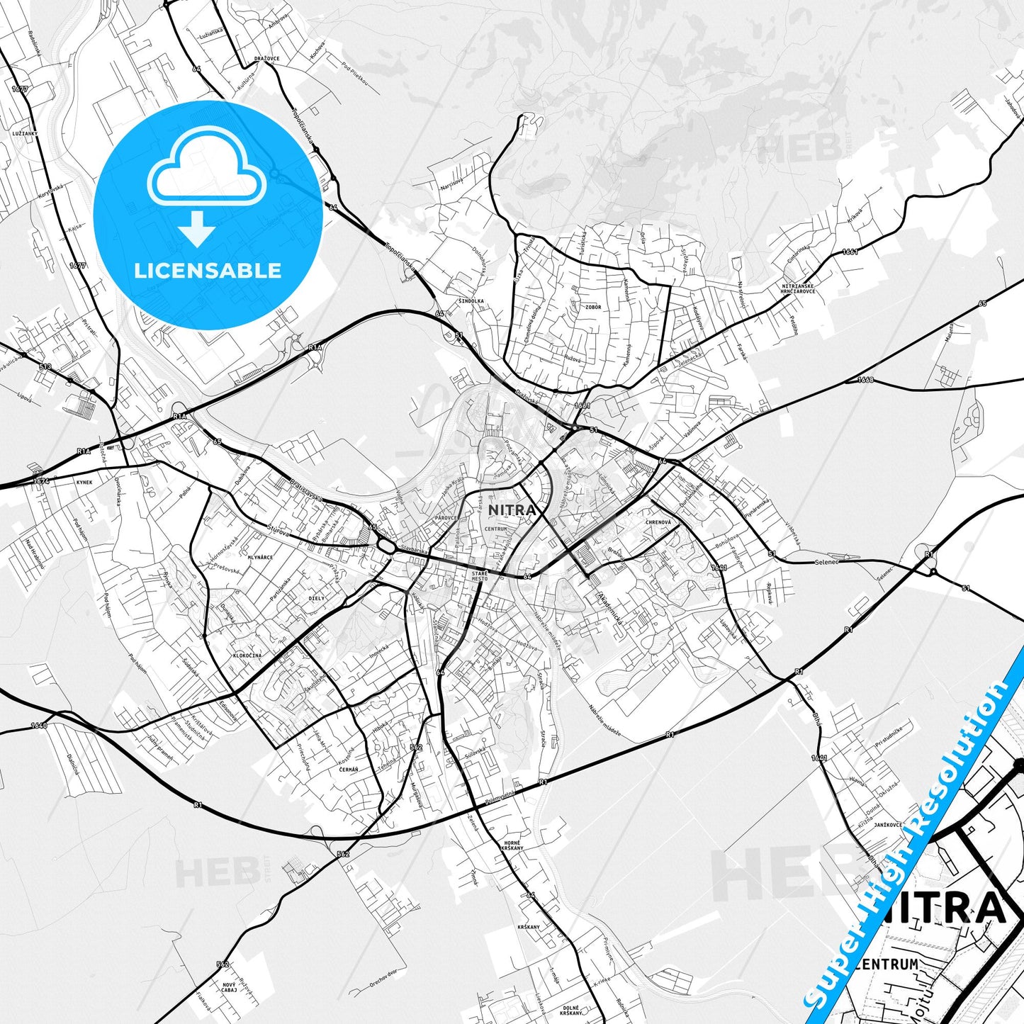 Nitra, Slovakia Light Map with Street Names, City Names, and Districts