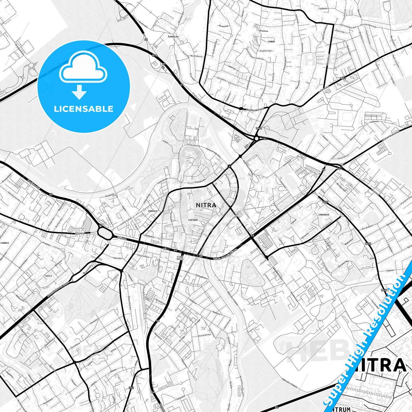 Nitra, Slovakia Light Map with Street Names, City Names, and Districts