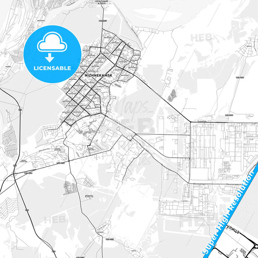 Nizhnekamsk, Russia light map with streetnames, citynames and districts