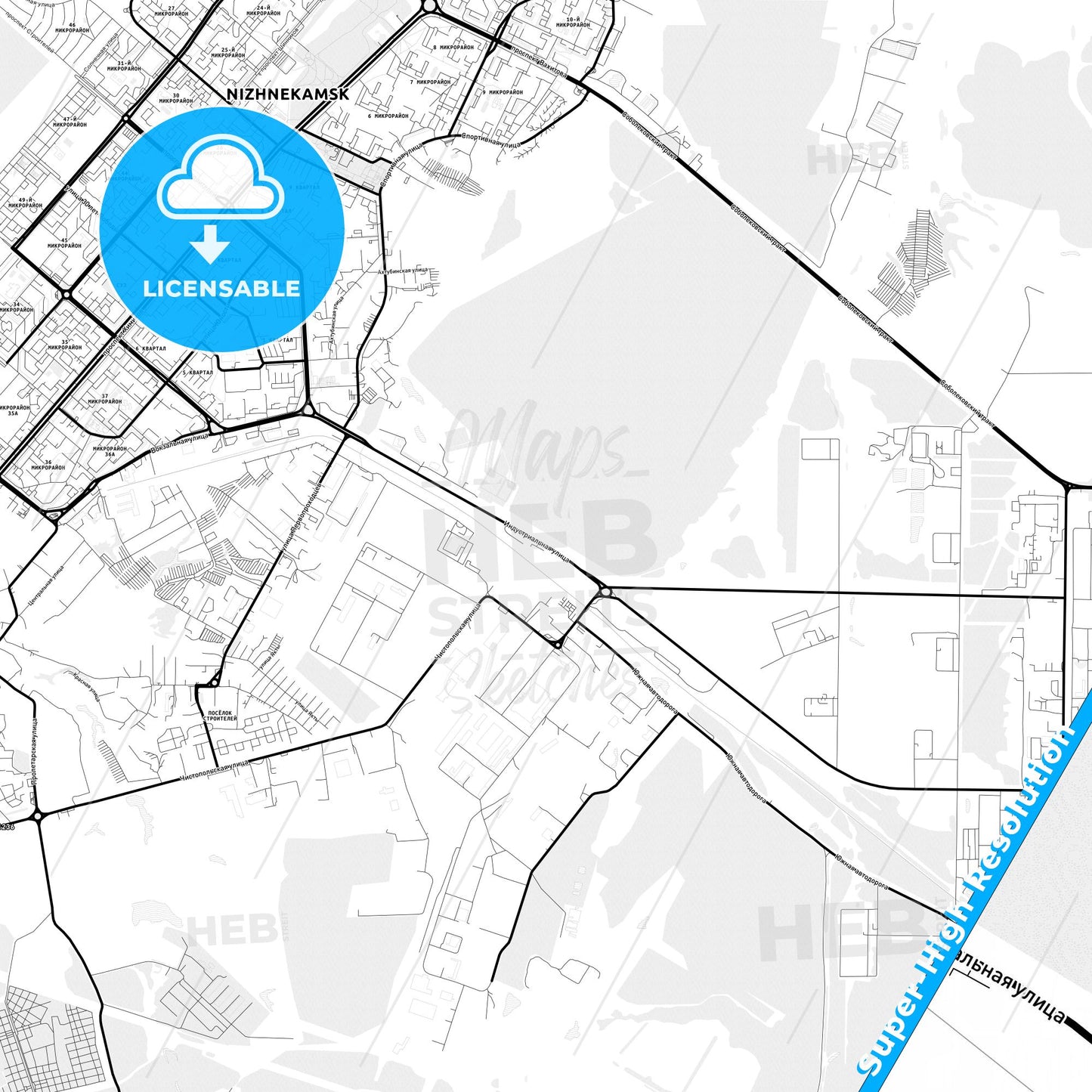 Nizhnekamsk, Russia Light Map with Street Names, City Names, and Districts