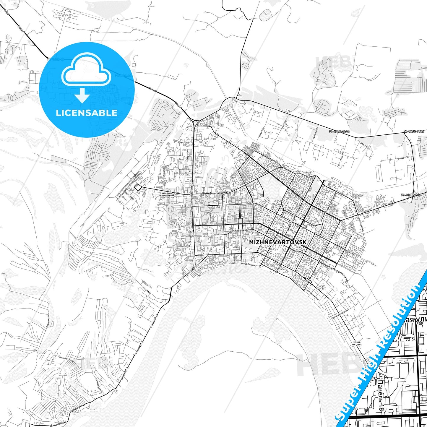 Nizhnevartovsk, Russia light map with streetnames, citynames and districts