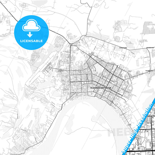 Nizhnevartovsk, Russia light map with streetnames, citynames and districts