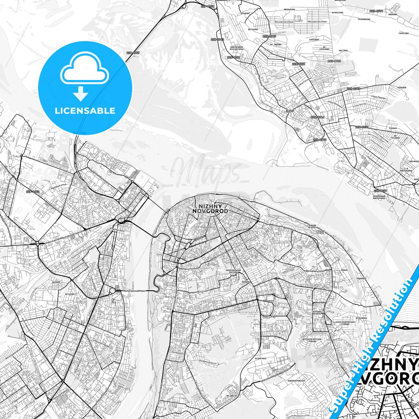 Nizhny Novgorod, Russia light map with streetnames, citynames and districts