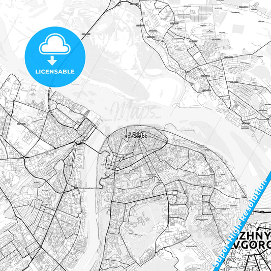 Nizhny Novgorod, Russia light map with streetnames, citynames and districts