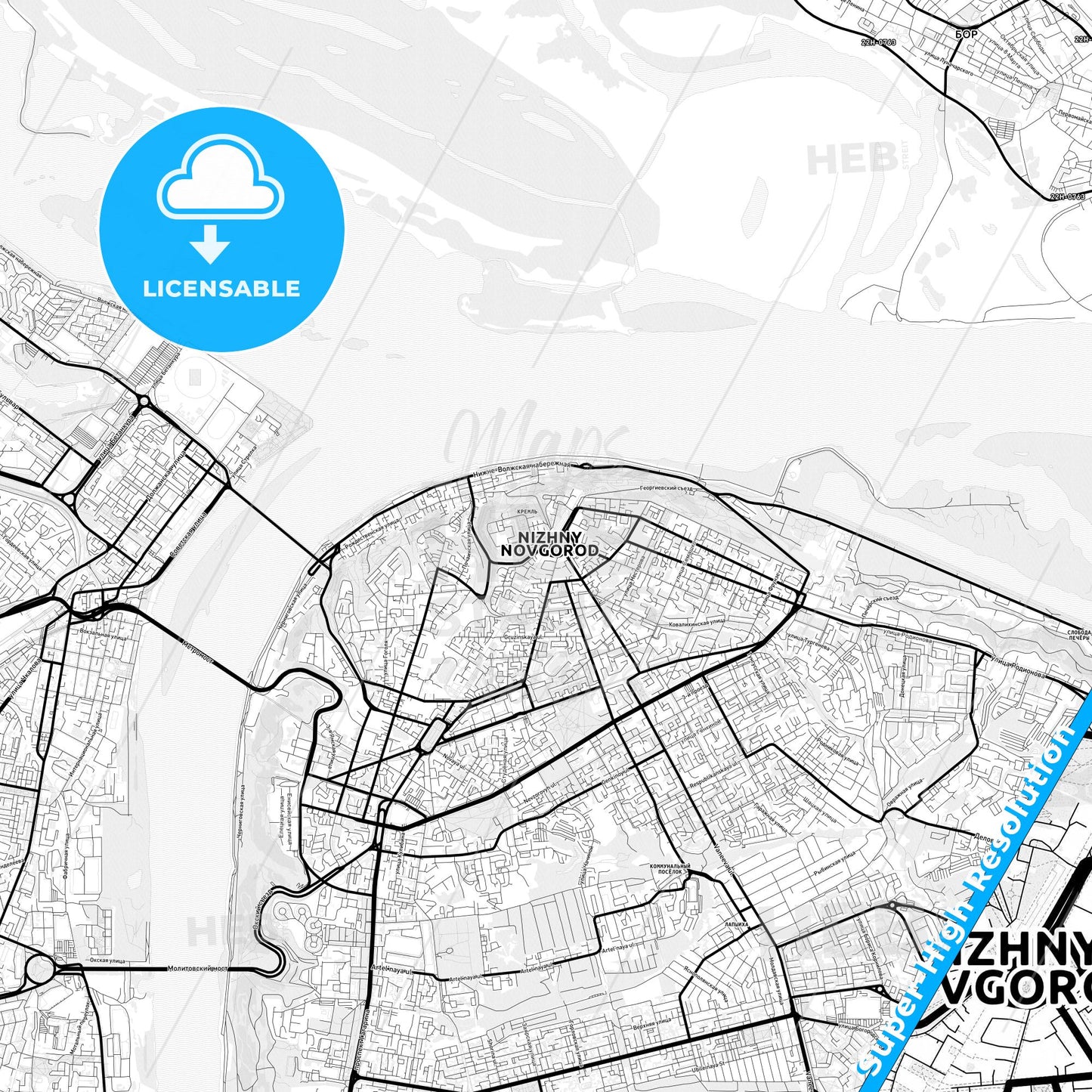 Nizhny Novgorod, Russia Light Map with Street Names, City Names, and Districts