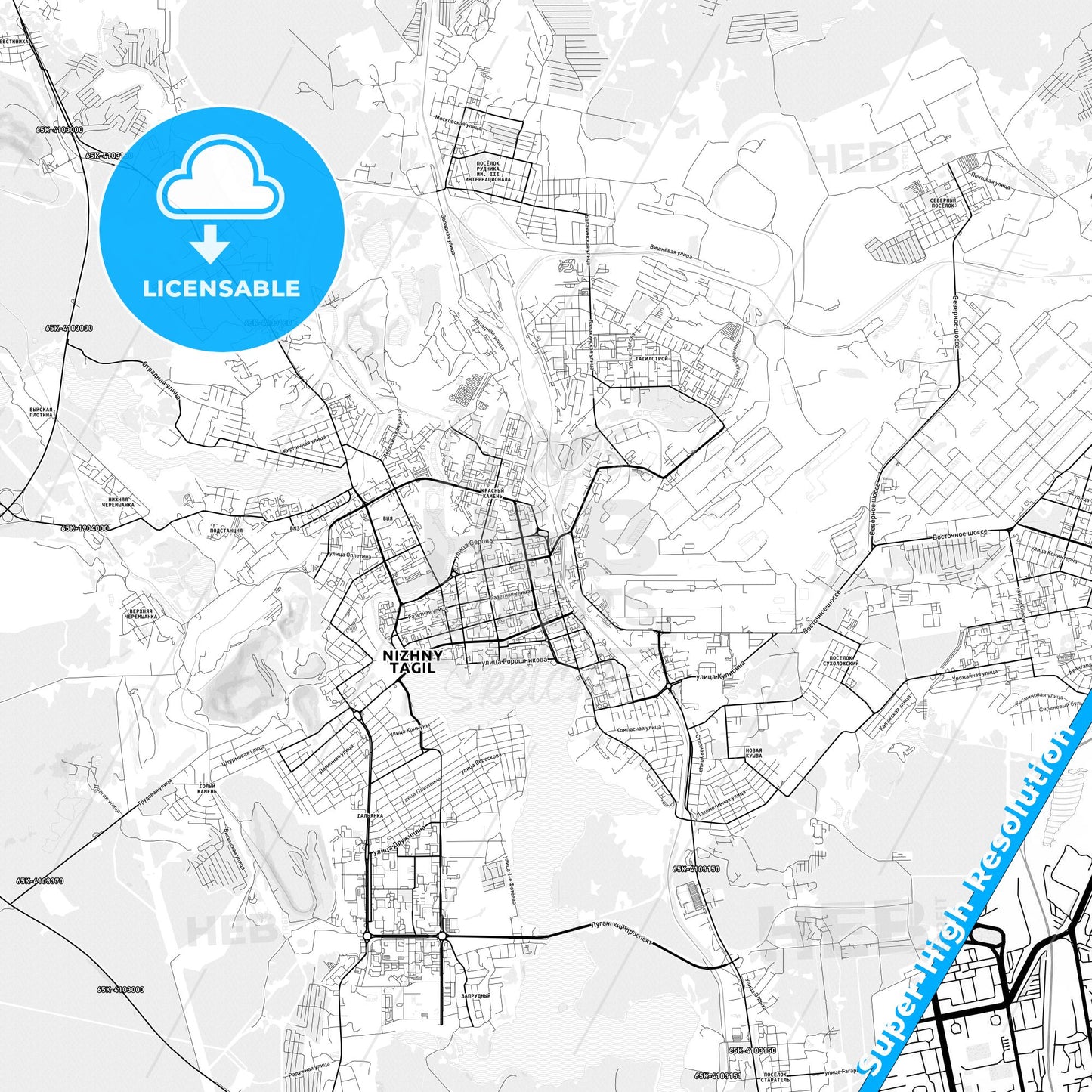 Nizhny Tagil, Russia light map with streetnames, citynames and districts