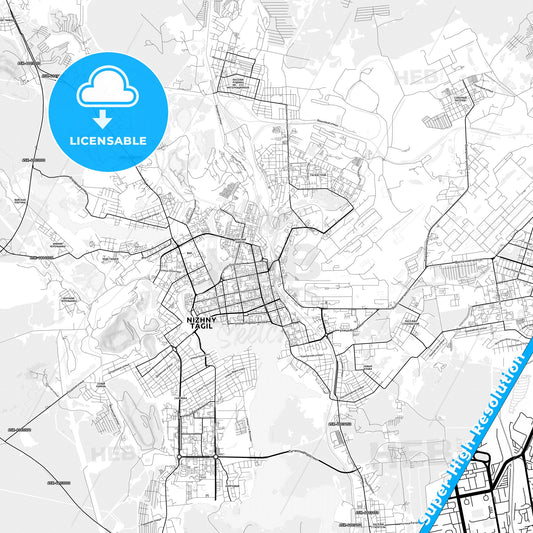 Nizhny Tagil, Russia light map with streetnames, citynames and districts
