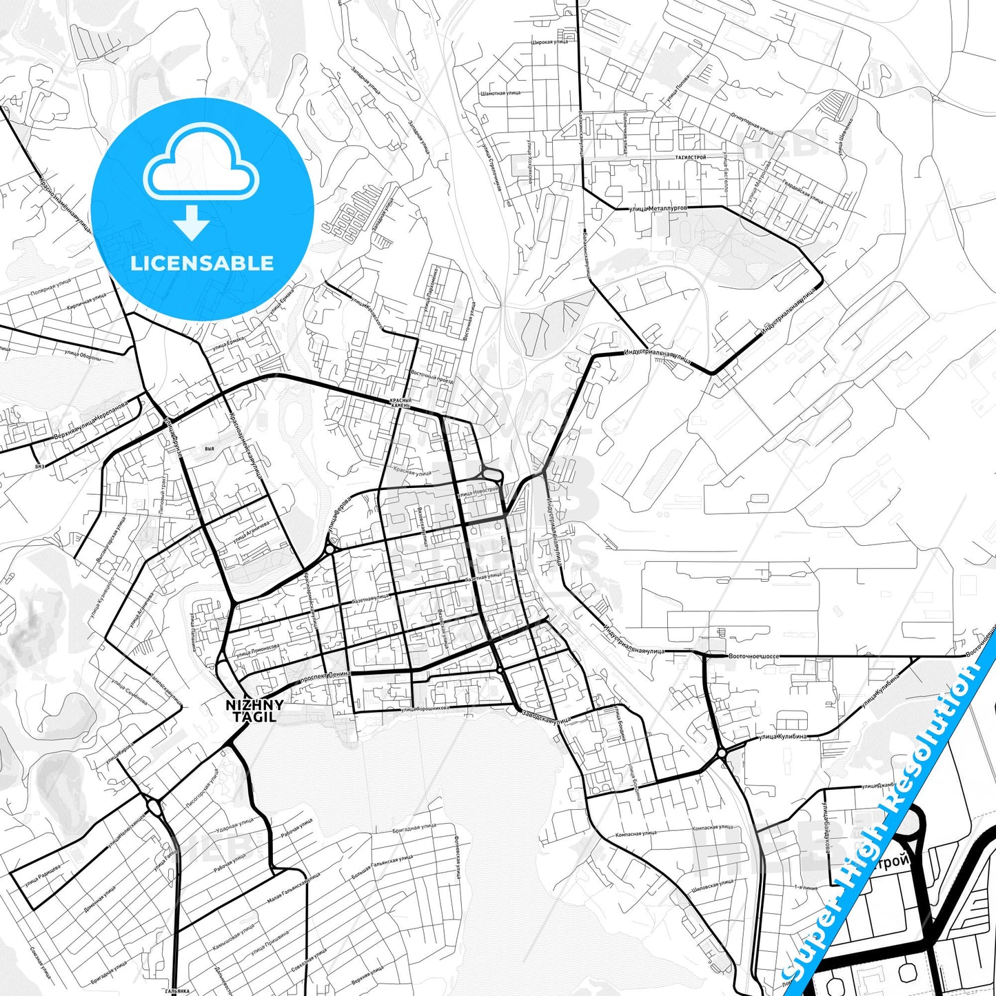 Nizhny Tagil, Russia Light Map with Street Names, City Names, and Districts