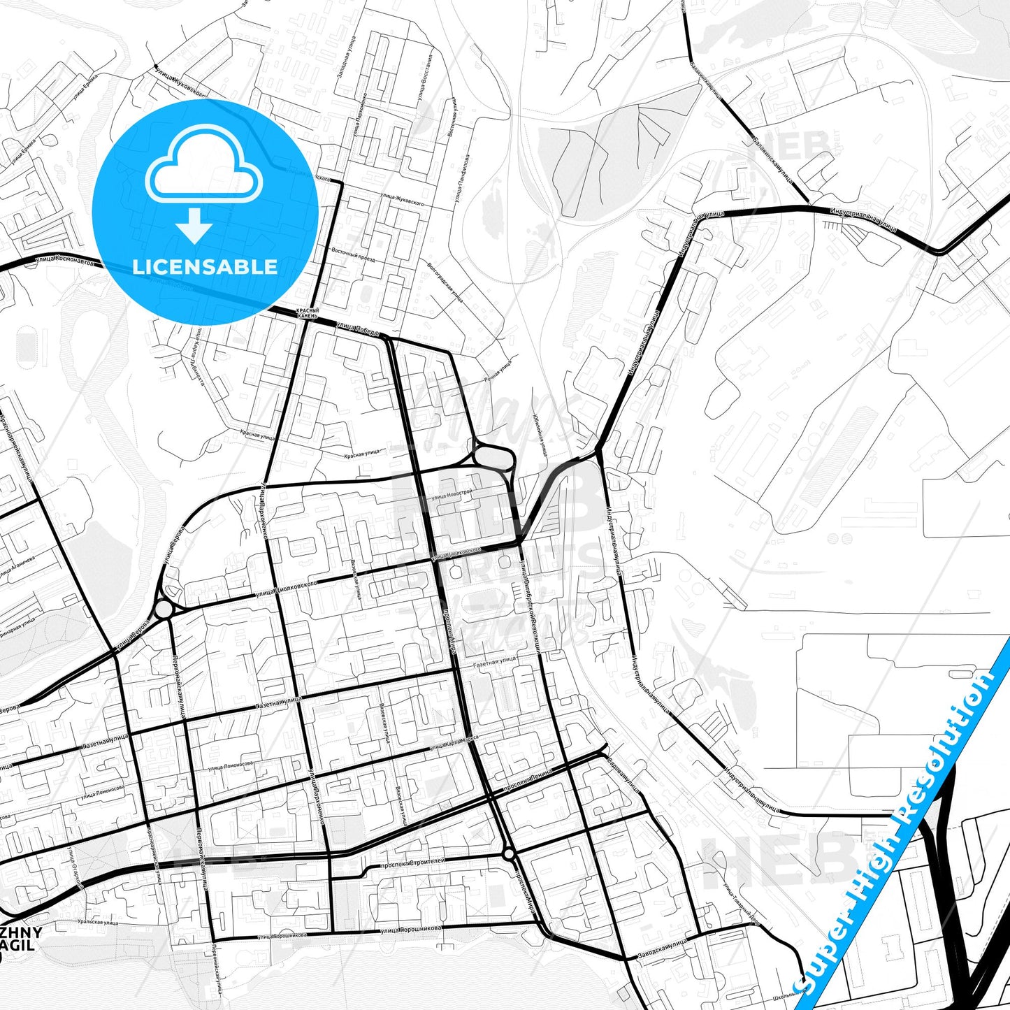 Nizhny Tagil, Russia Light Map with Street Names, City Names, and Districts