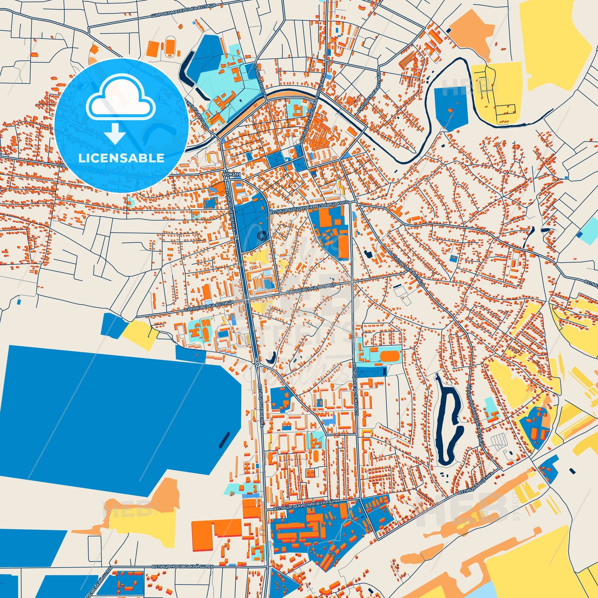 Colorful Nizhyn Street Map With Labels And Buildings – HEBSTREITS