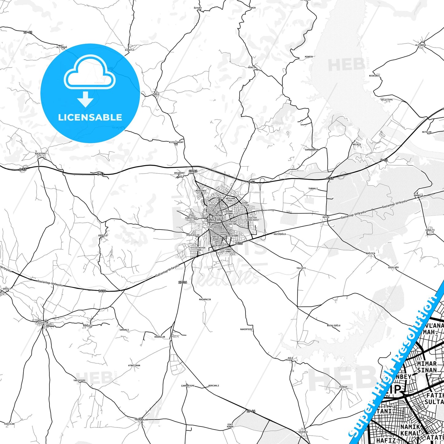 Nizip, Turkey light map with streetnames, citynames and districts