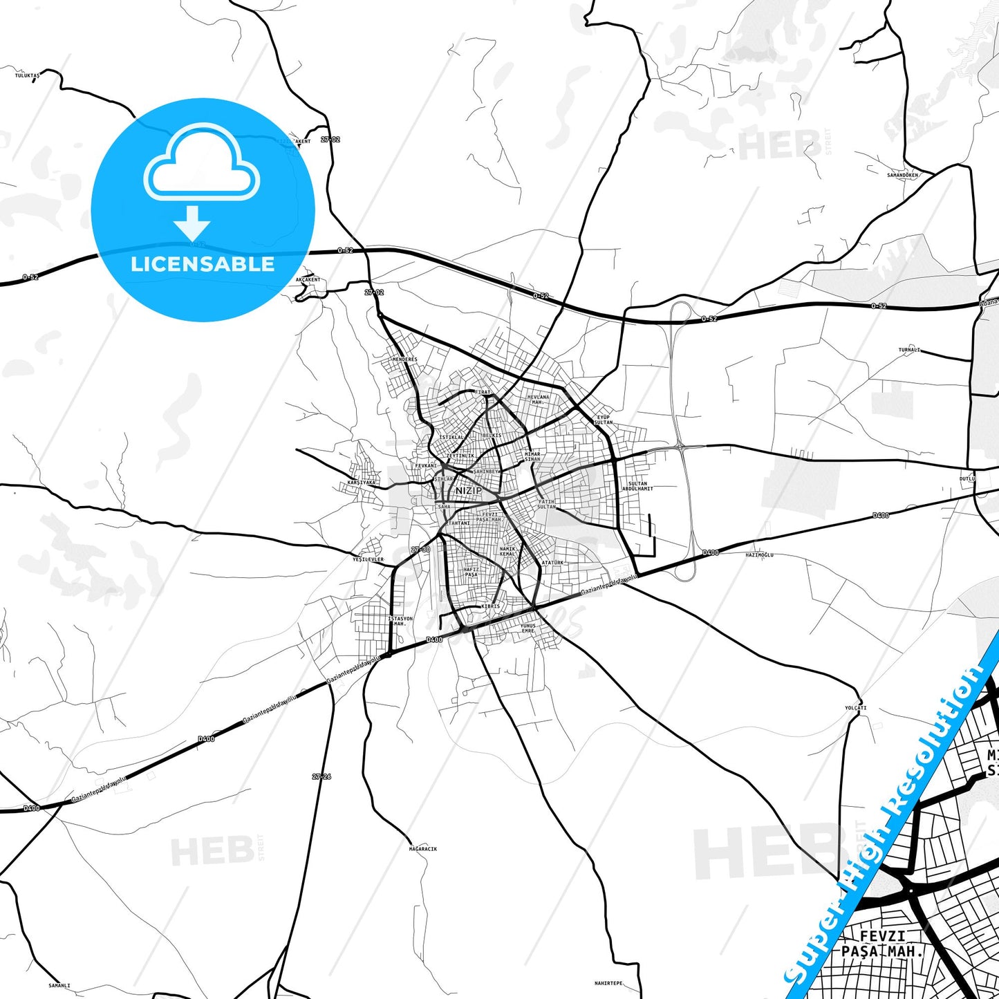 Nizip, Turkey Light Map with Street Names, City Names, and Districts