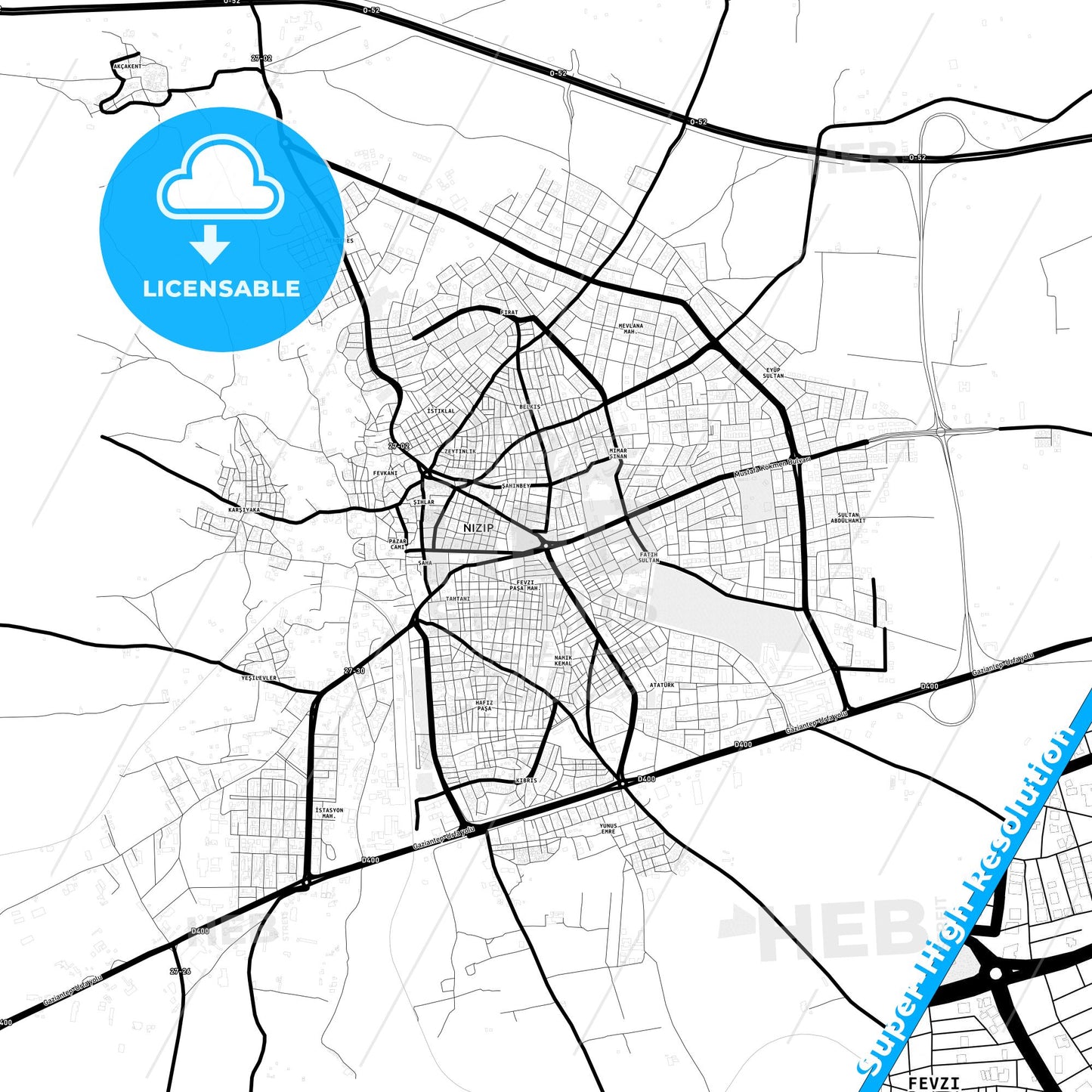 Nizip, Turkey Light Map with Street Names, City Names, and Districts