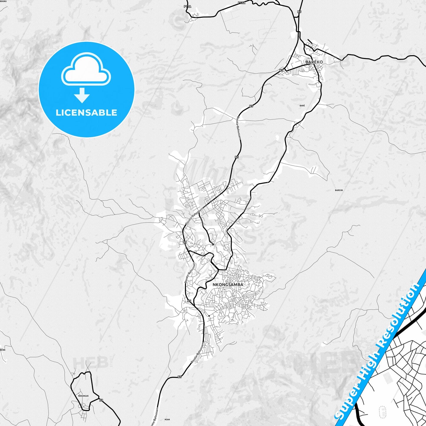 Nkongsamba, Cameroon Light Map with Street Names, City Names, and Districts