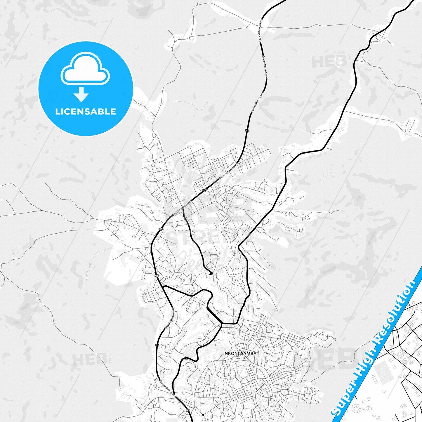 Nkongsamba, Cameroon Light Map with Street Names, City Names, and Districts