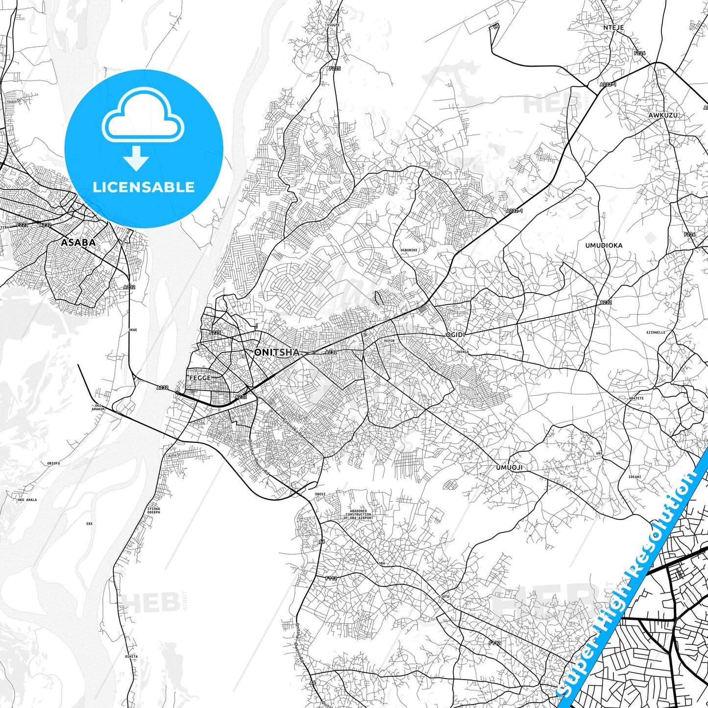 Nkpor, Nigeria light map with streetnames, citynames and districts