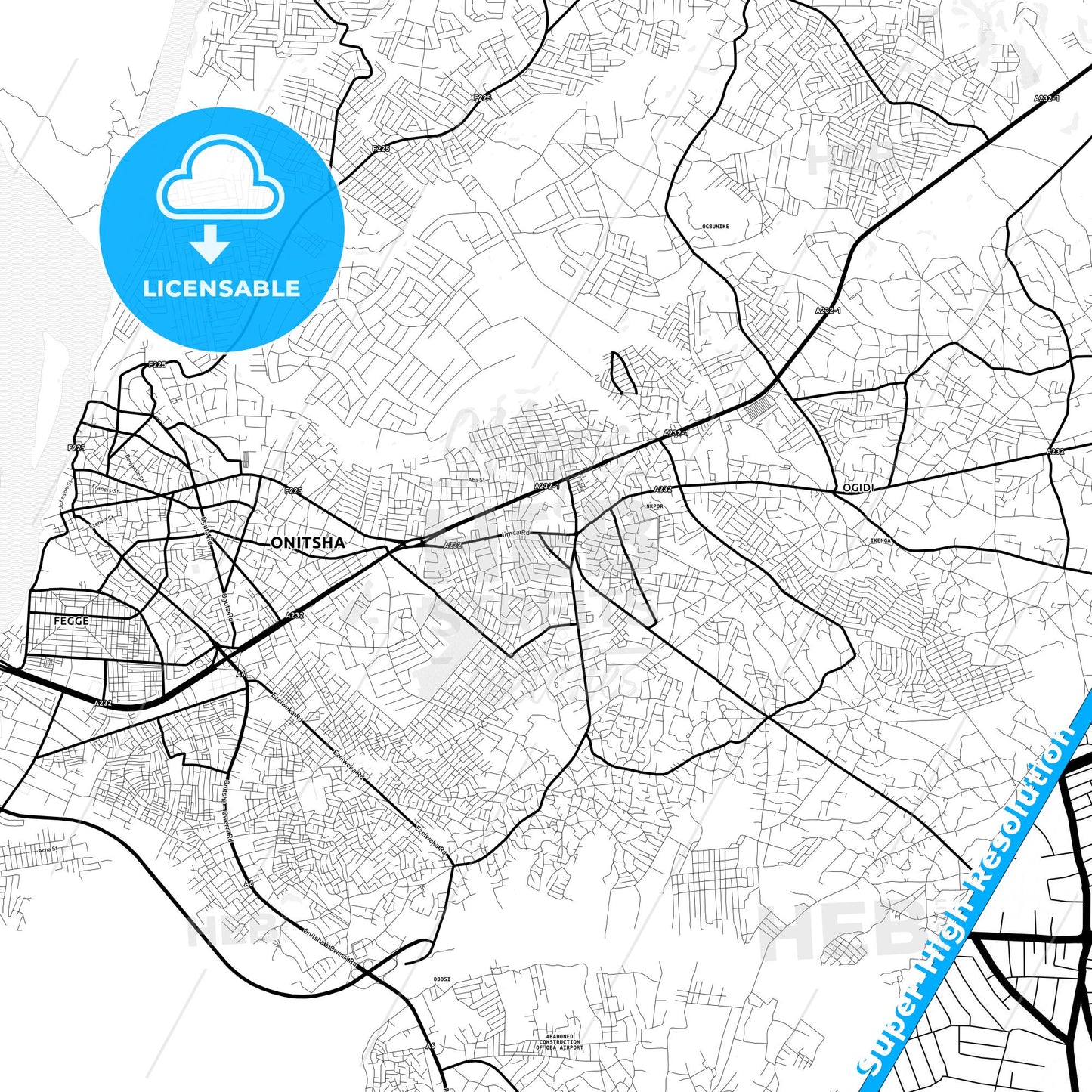 Nkpor, Nigeria Light Map with Street Names, City Names, and Districts