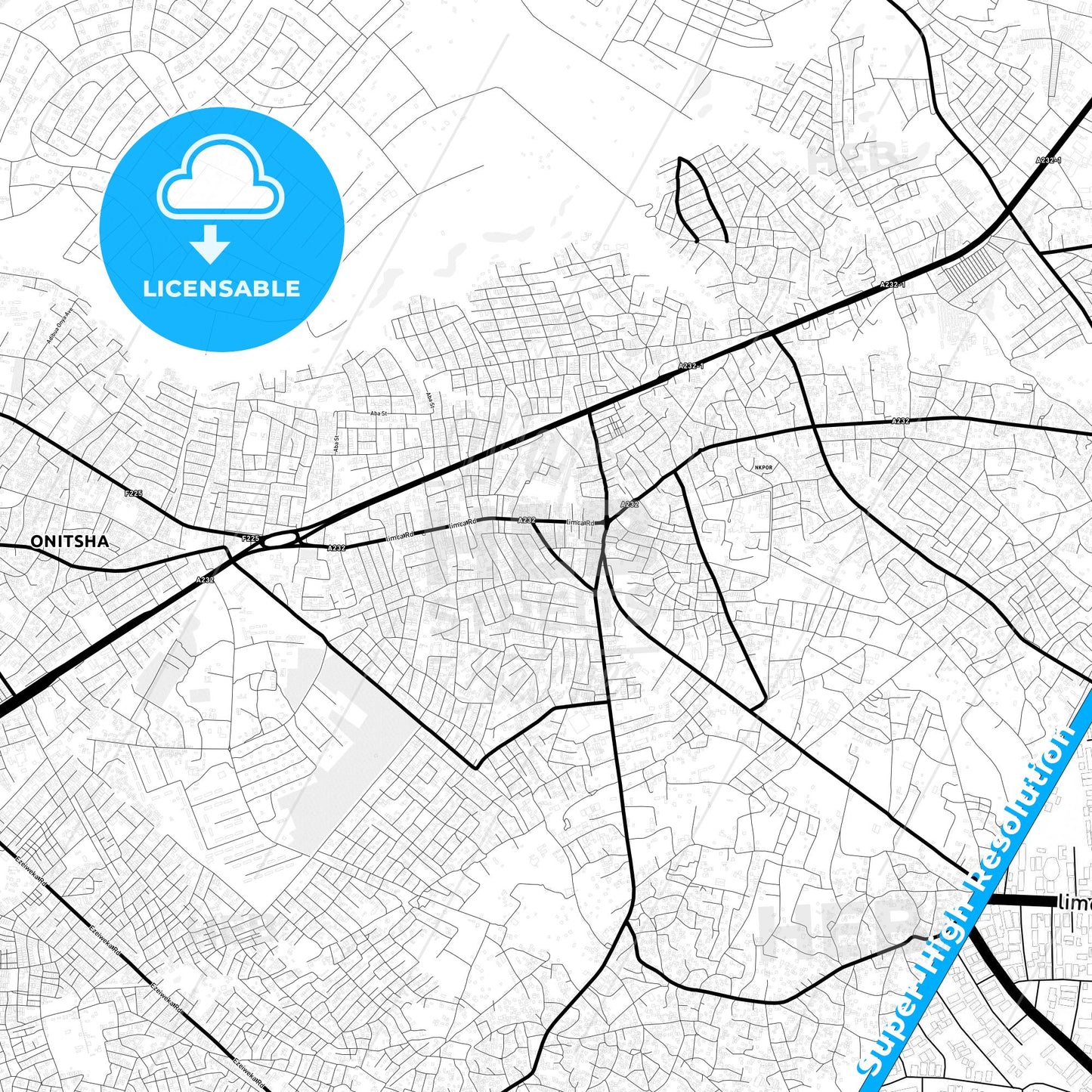 Nkpor, Nigeria Light Map with Street Names, City Names, and Districts