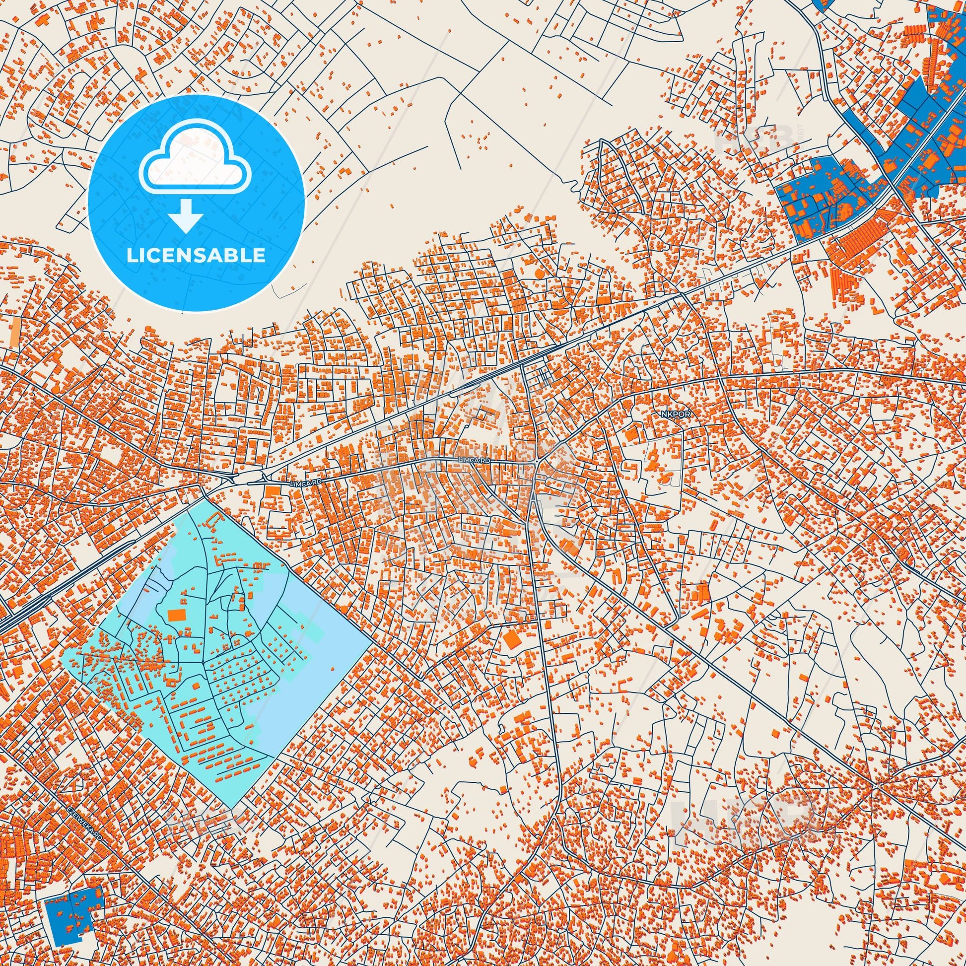 Colorful Nkpor Street Map with Labels and Buildings