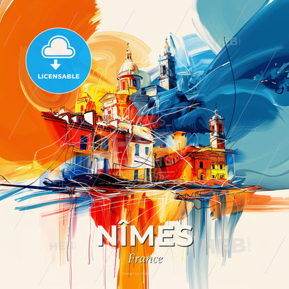 Vibrant Nîmes, France - A Painting Of A Building - Square format print template