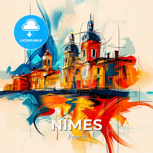 Vibrant Nîmes, France - A Painting Of A Building With A Colorful Background - Square format print template