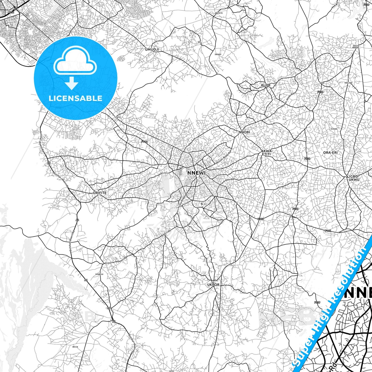 Nnewi, Nigeria light map with streetnames, citynames and districts