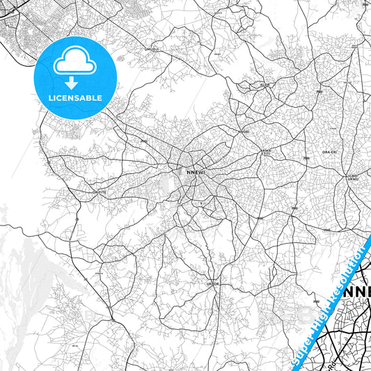 Nnewi, Nigeria light map with streetnames, citynames and districts