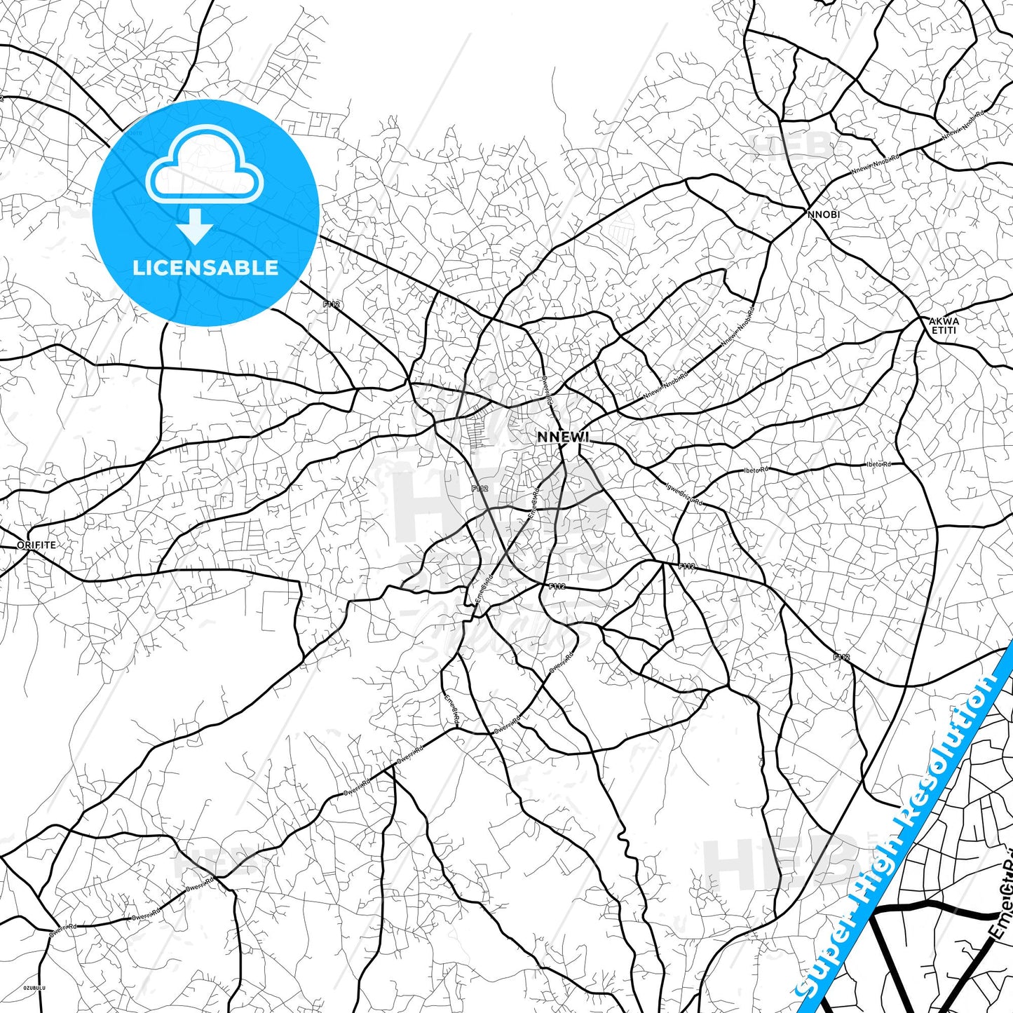 Nnewi, Nigeria Light Map with Street Names, City Names, and Districts