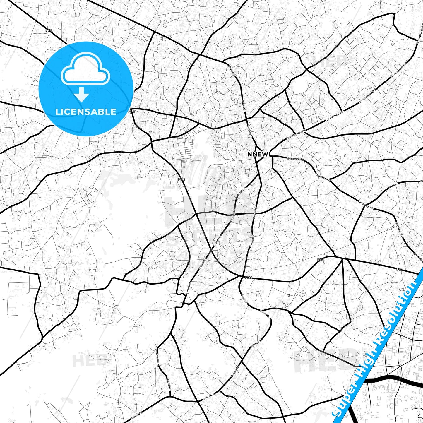 Nnewi, Nigeria Light Map with Street Names, City Names, and Districts