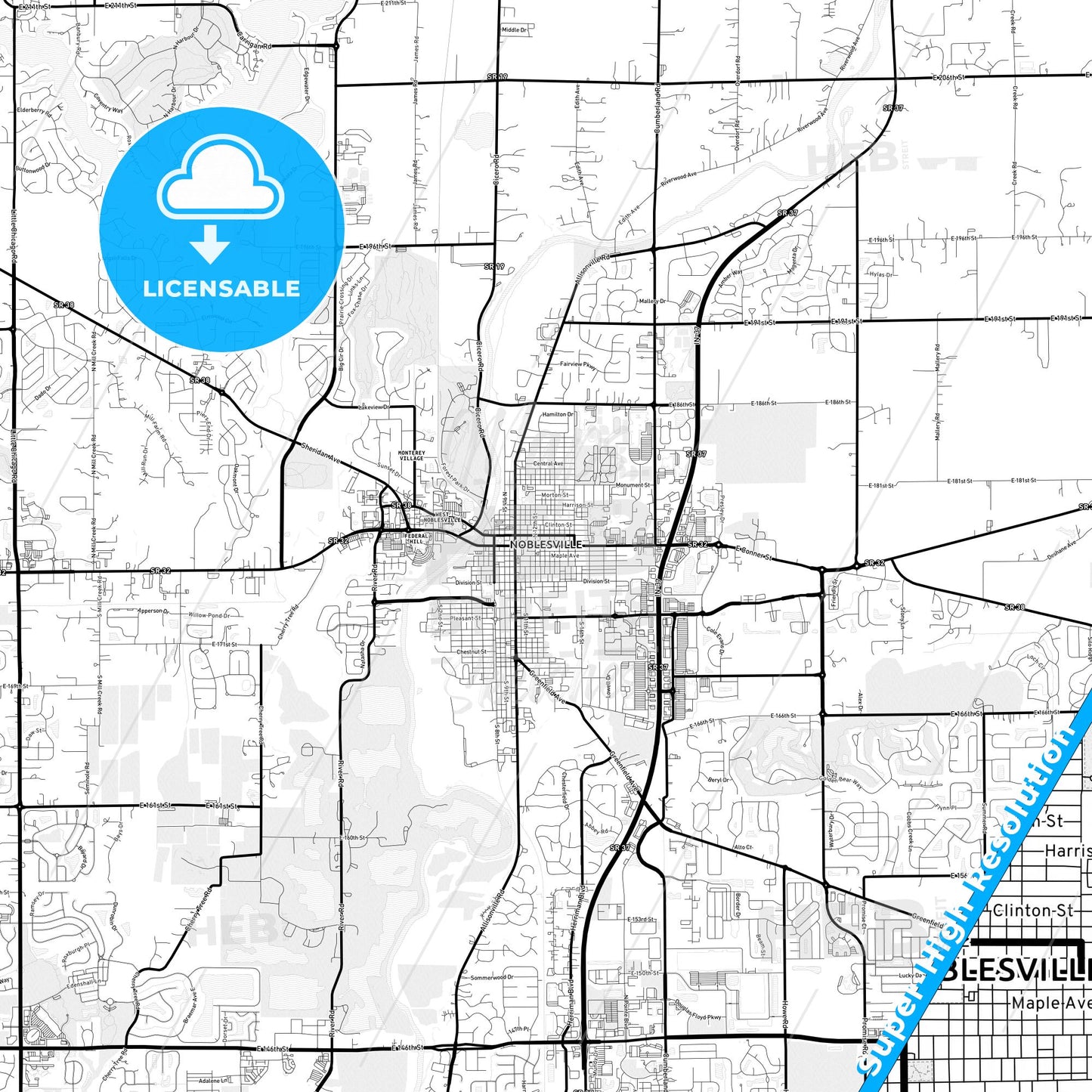 Noblesville, Indiana Light Map with Street Names, City Names, and Districts