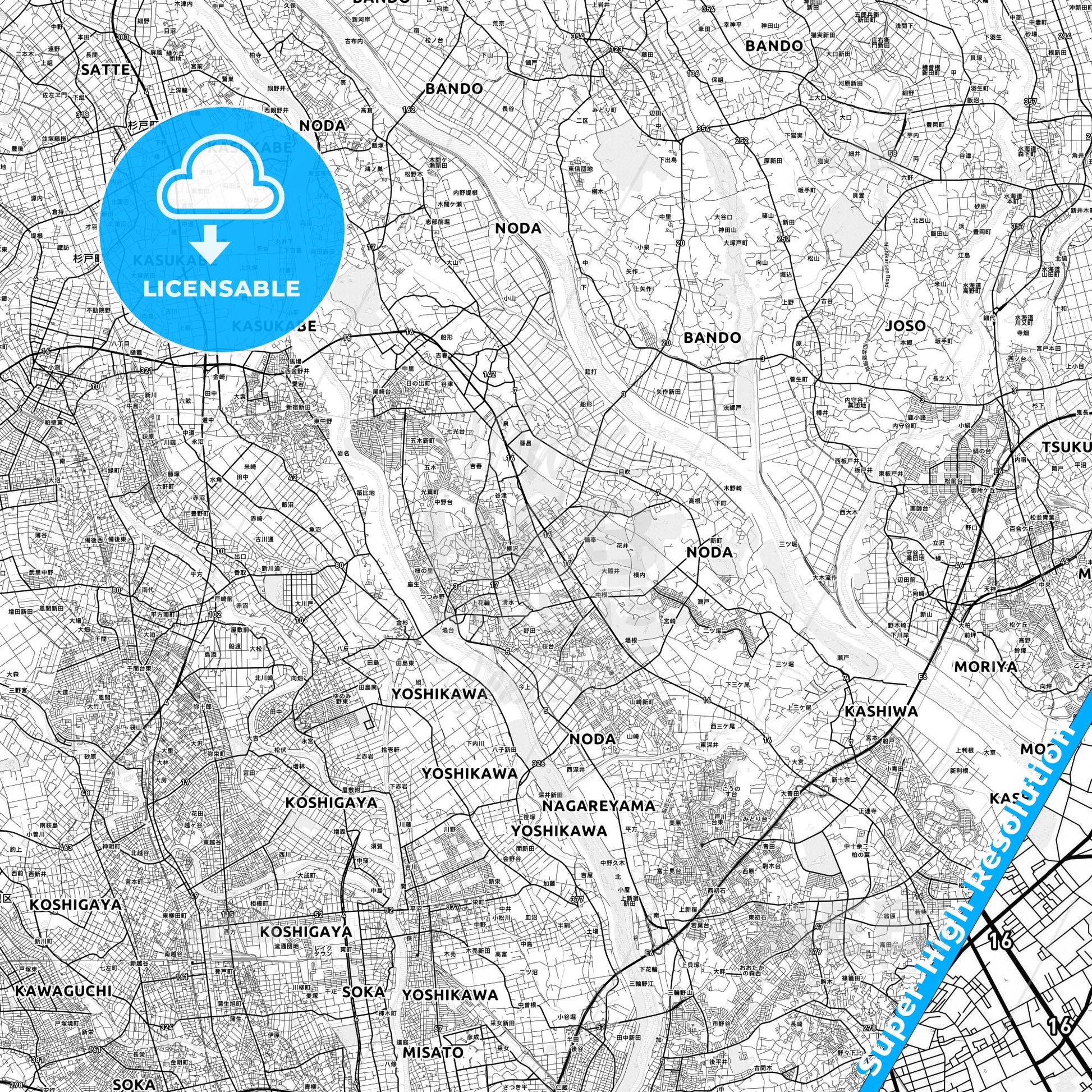 Noda, Japan light map with streetnames, citynames and districts