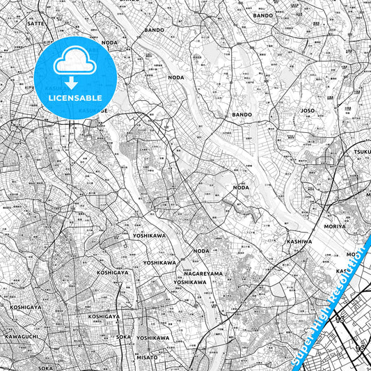 Noda, Japan light map with streetnames, citynames and districts