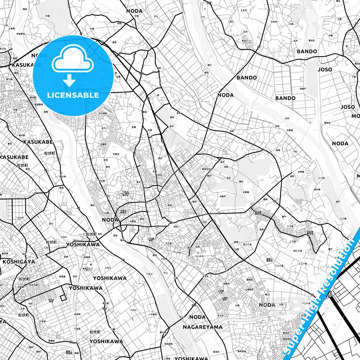 Noda, Japan Light Map with Street Names, City Names, and Districts