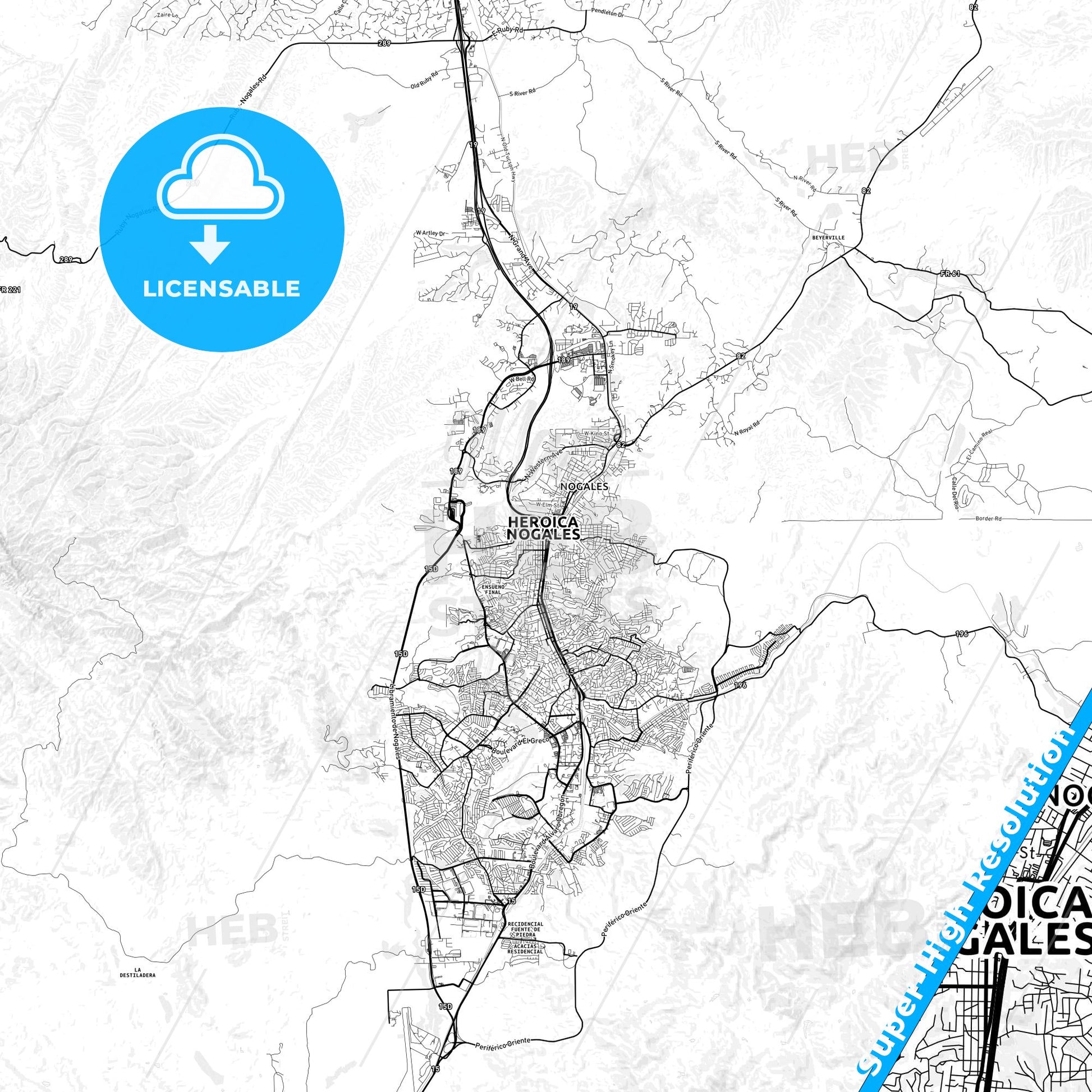 Nogales, Mexico light map with streetnames, citynames and districts