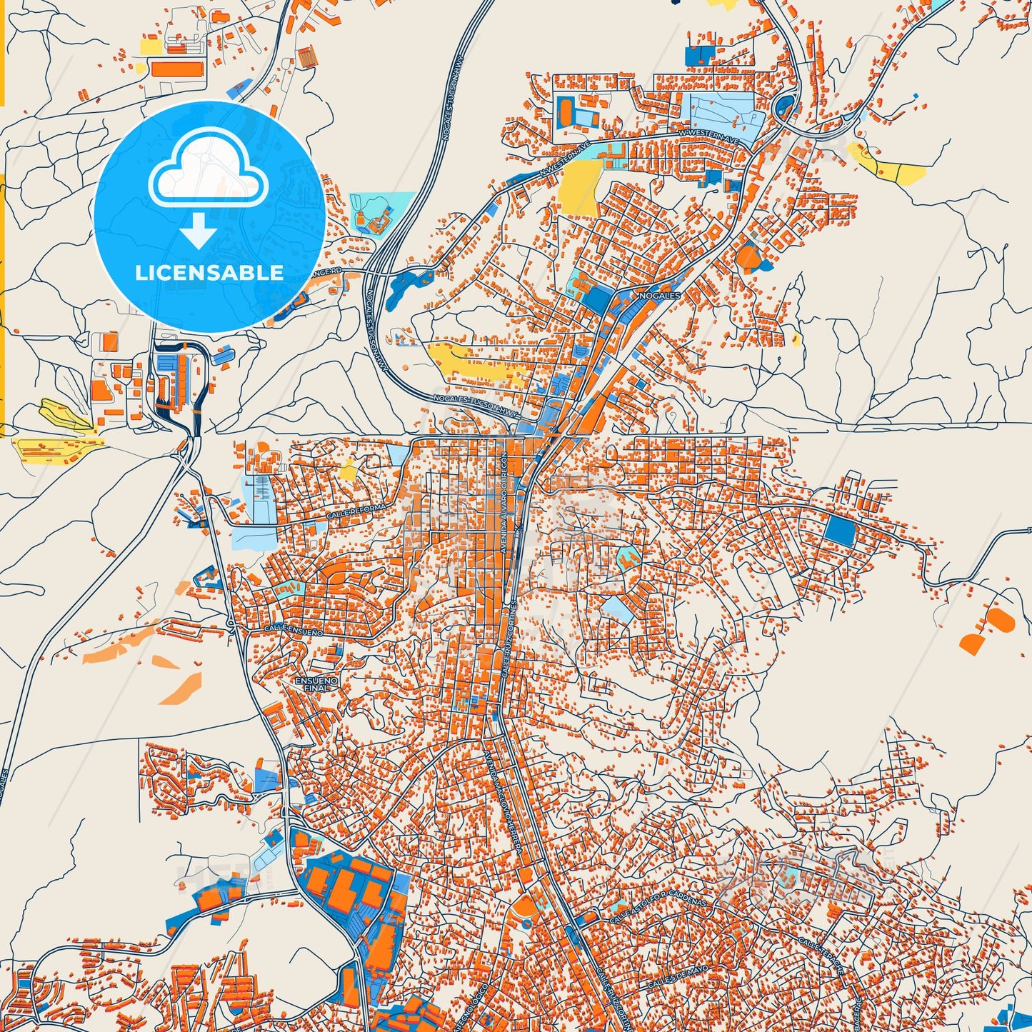 Colorful Nogales Street Map with Labels and Buildings