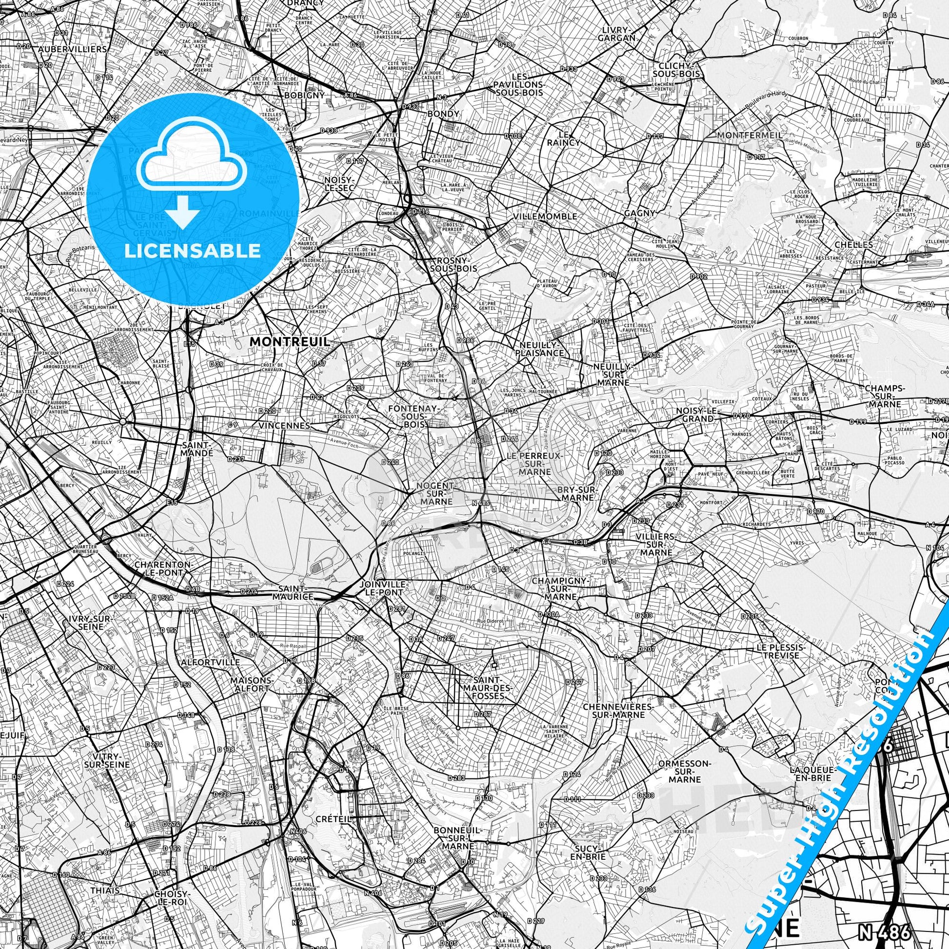 Nogent-sur-Marne, France light map with streetnames, citynames and districts