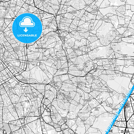 Nogent-sur-Marne, France light map with streetnames, citynames and districts