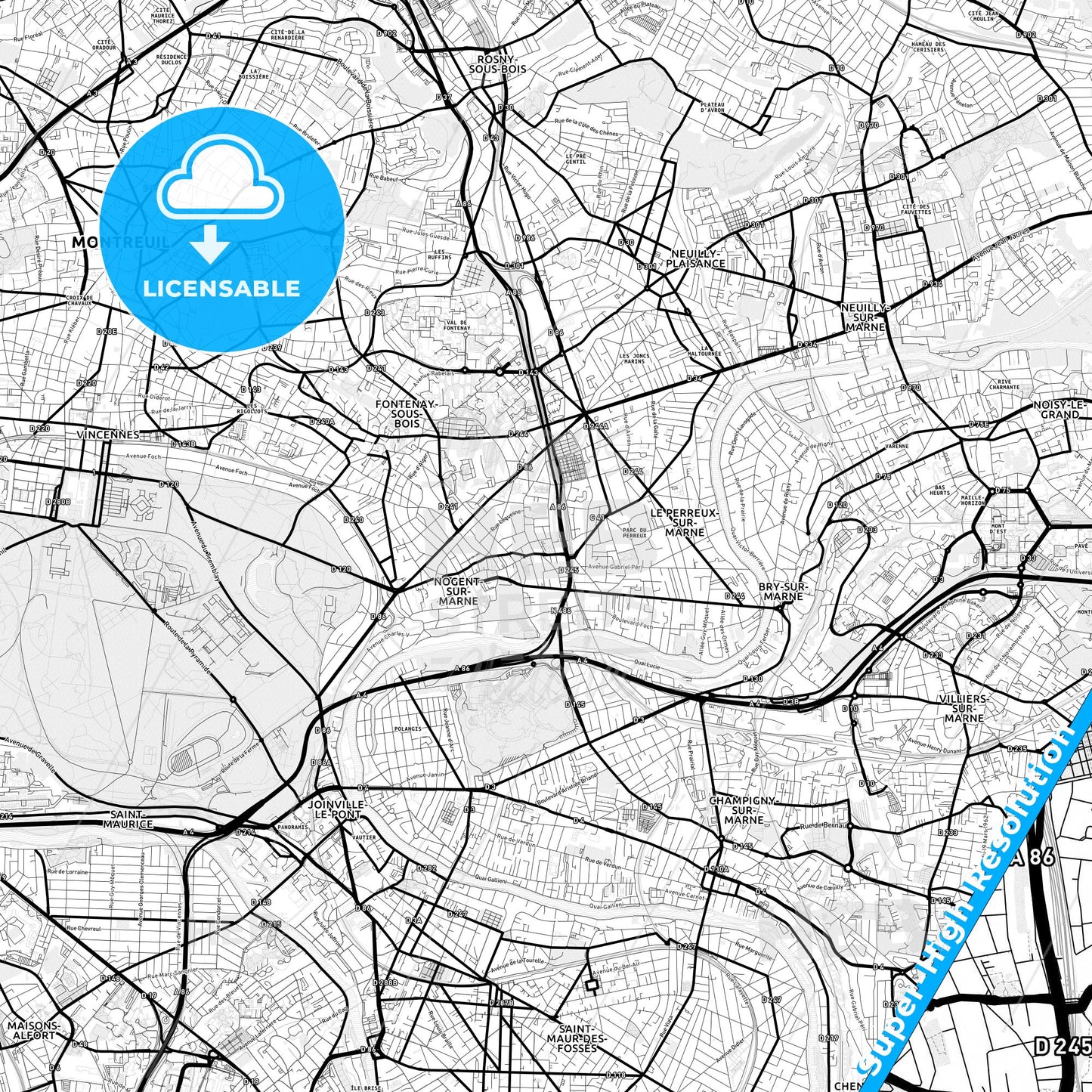 Nogent-sur-Marne, France Light Map with Street Names, City Names, and Districts