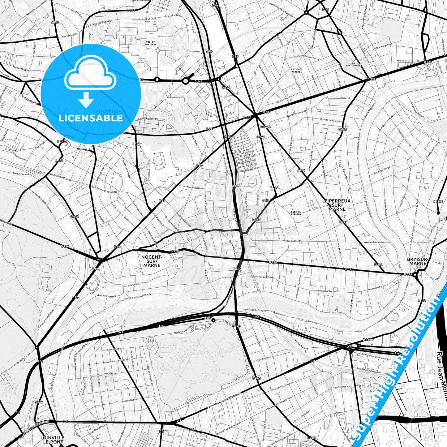 Nogent-sur-Marne, France Light Map with Street Names, City Names, and Districts