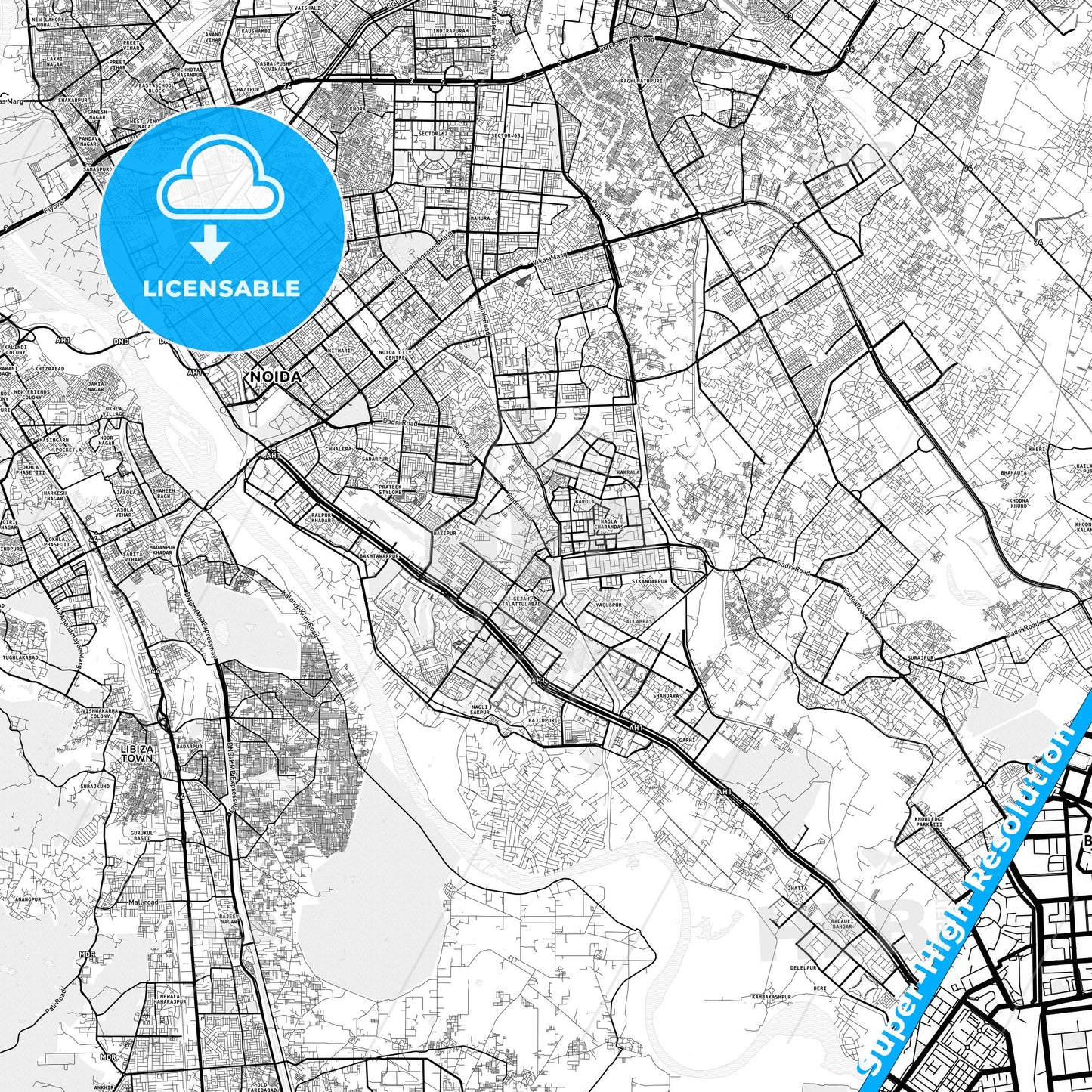 Noida, India light map with streetnames, citynames and districts