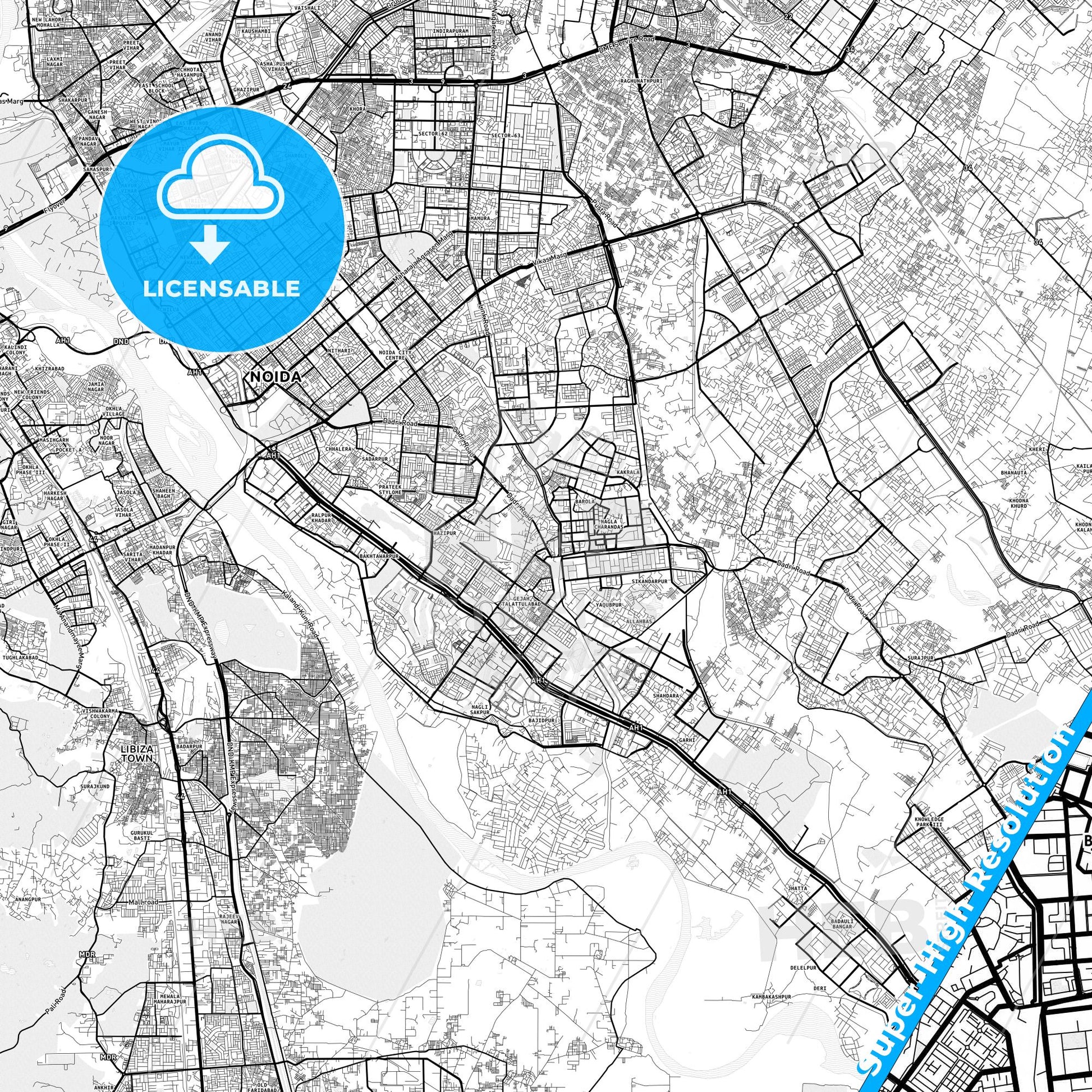 Noida, India light map with streetnames, citynames and districts