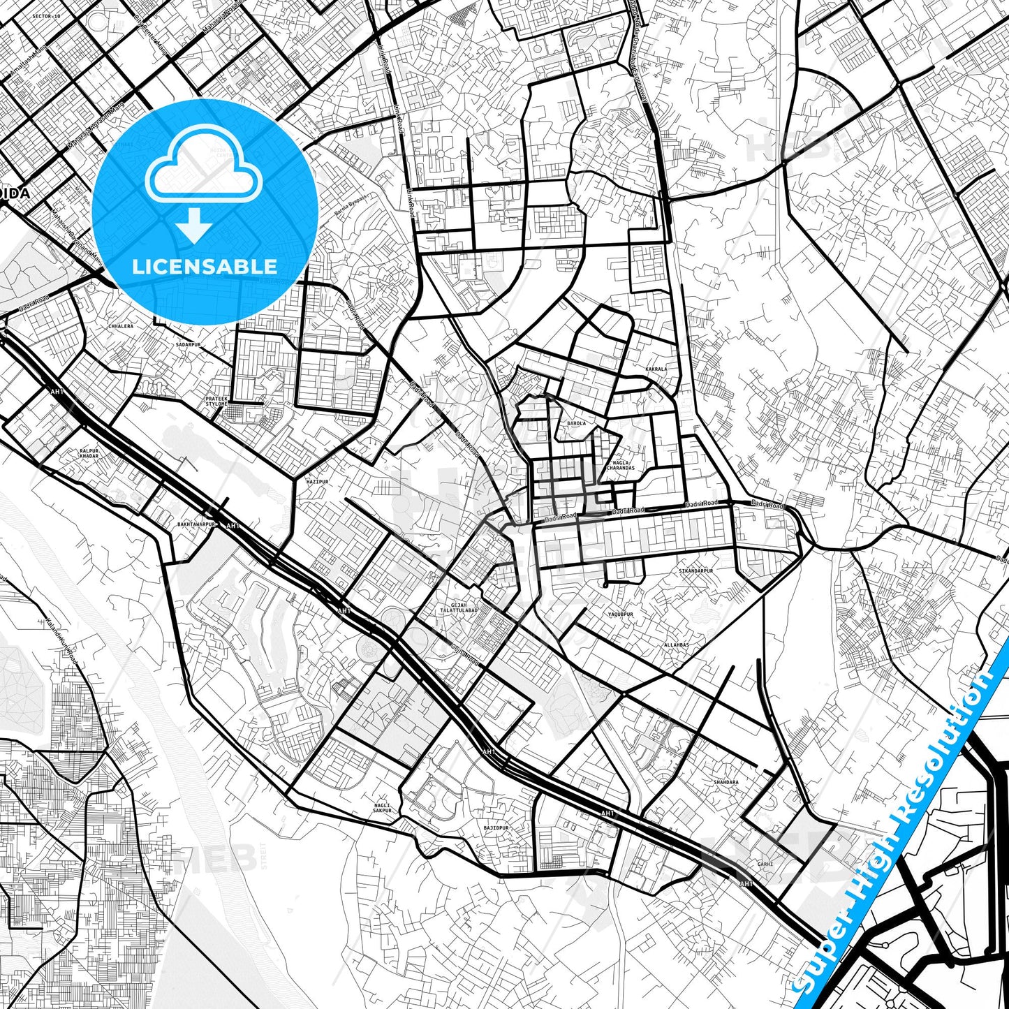 Noida, India Light Map with Street Names, City Names, and Districts