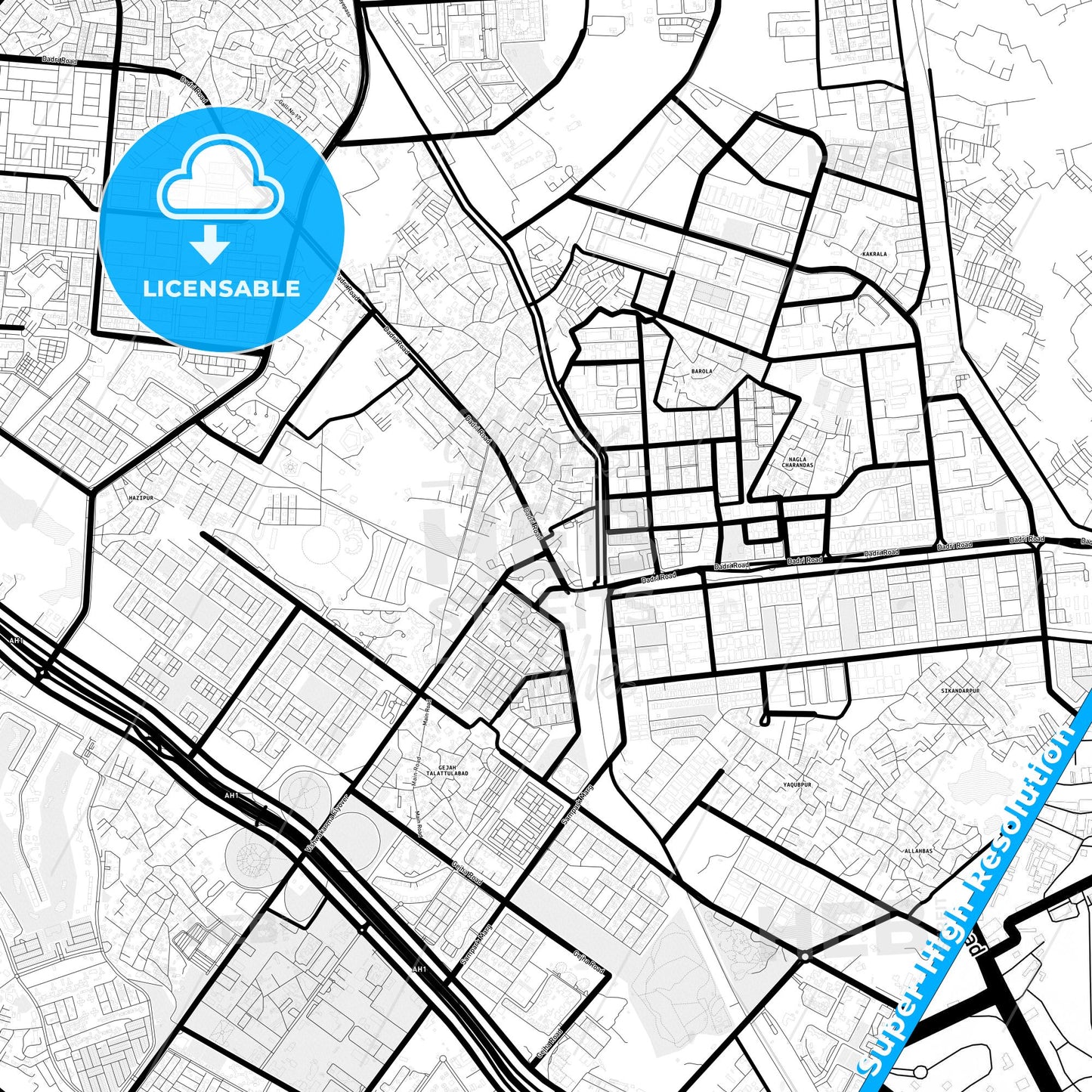 Noida, India Light Map with Street Names, City Names, and Districts