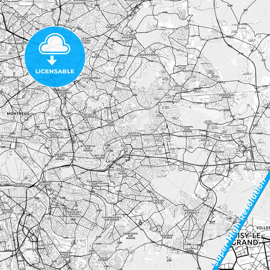 Noisy-le-Grand, France light map with streetnames, citynames and districts