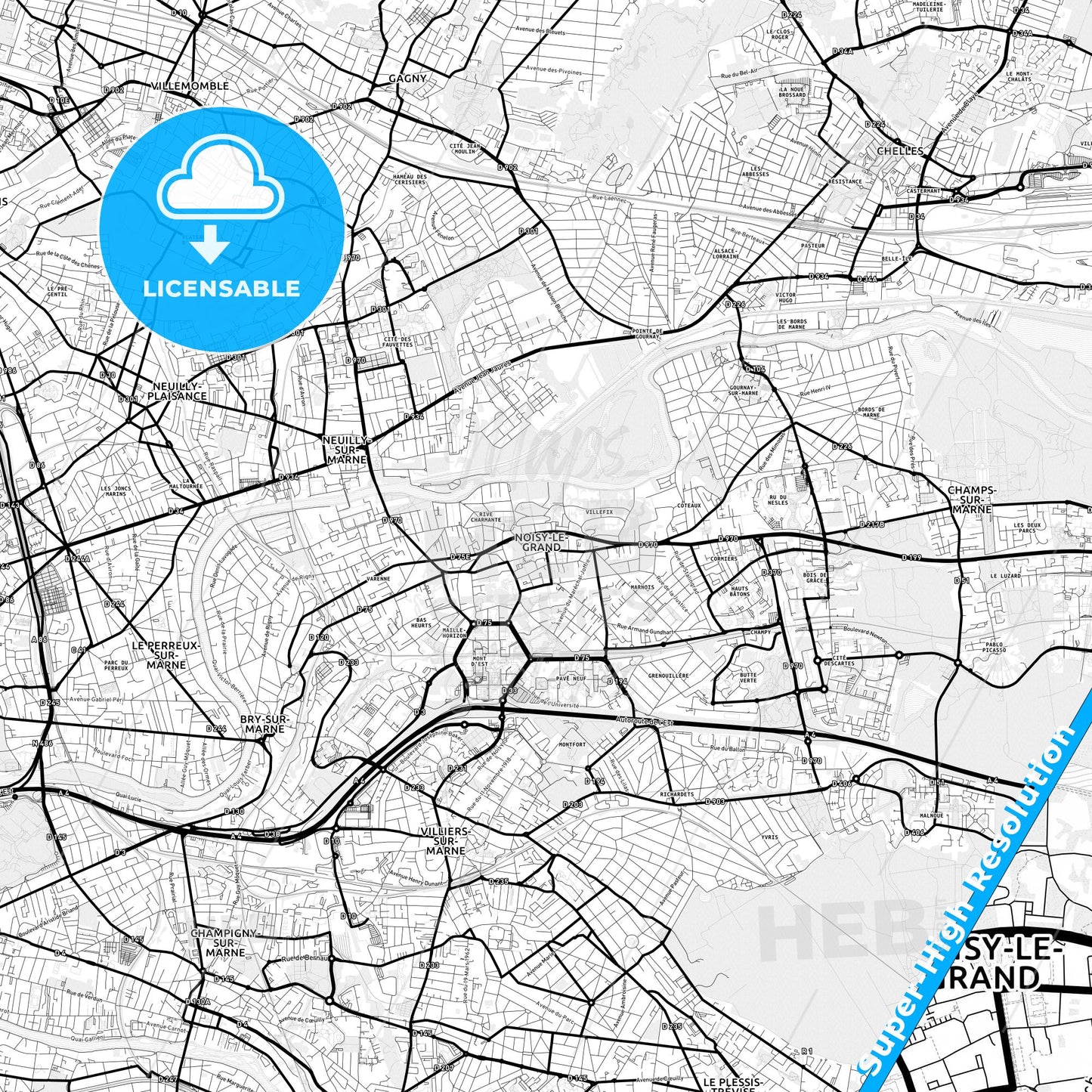 Noisy-le-Grand, France Light Map with Street Names, City Names, and Districts