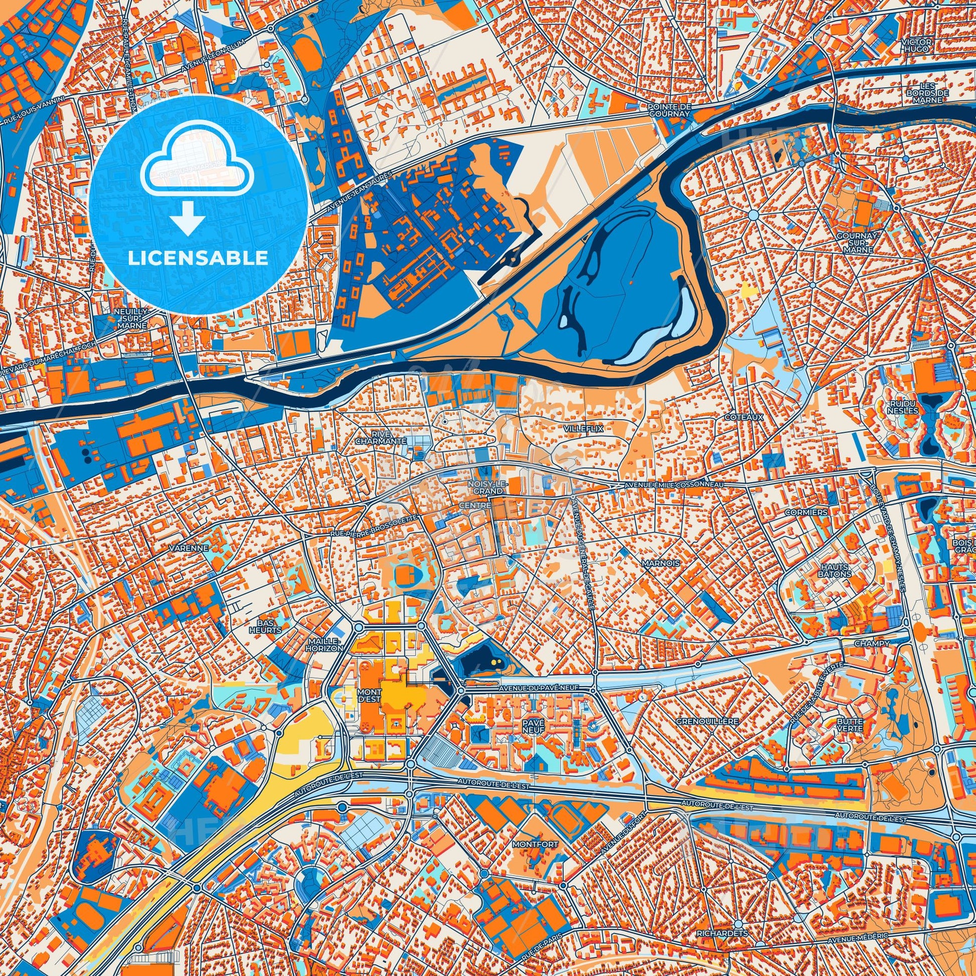 Colorful Noisy-le-Grand Street Map with Labels and Buildings